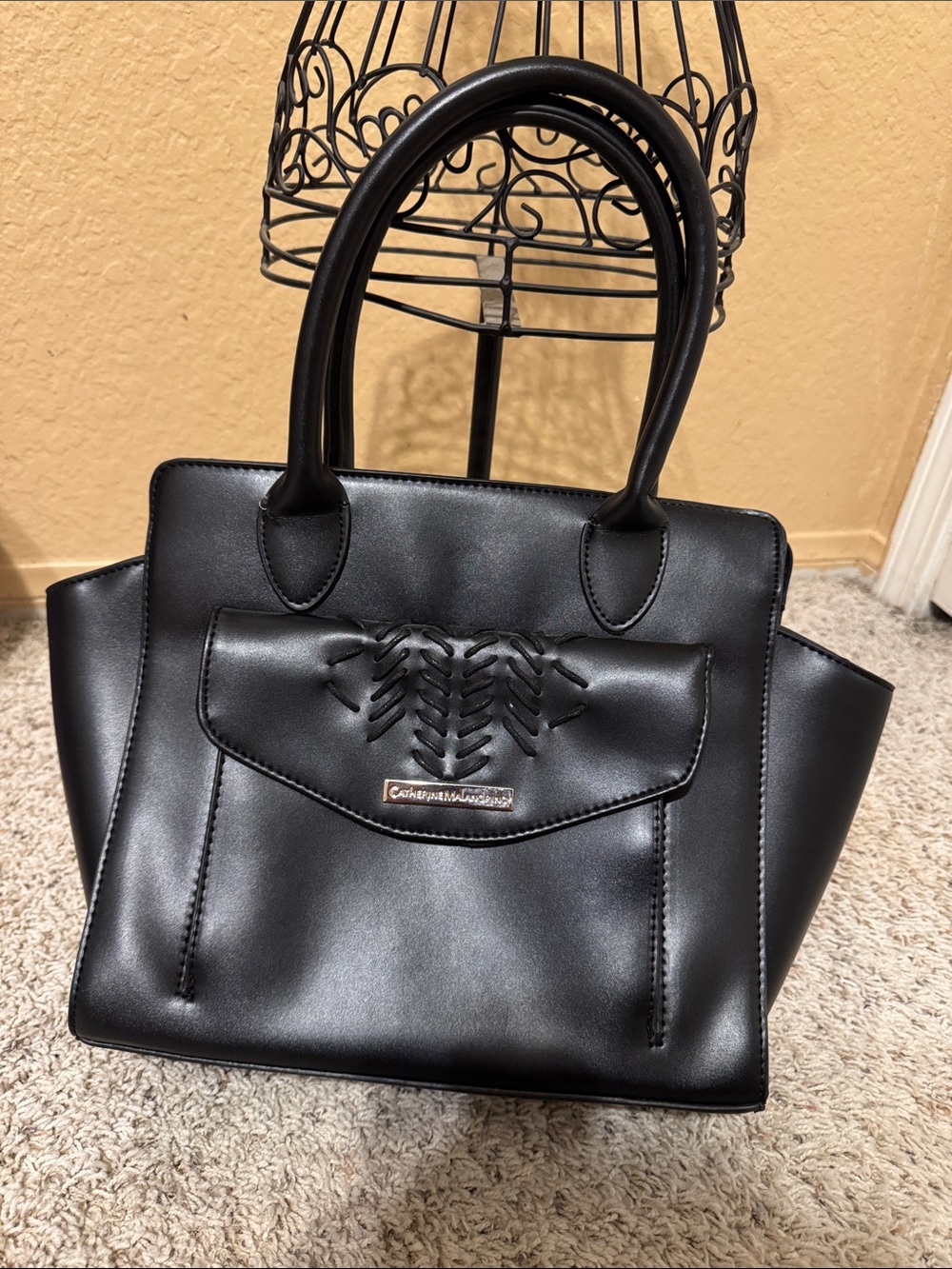 Black Satchel with Woven-Flap Detail